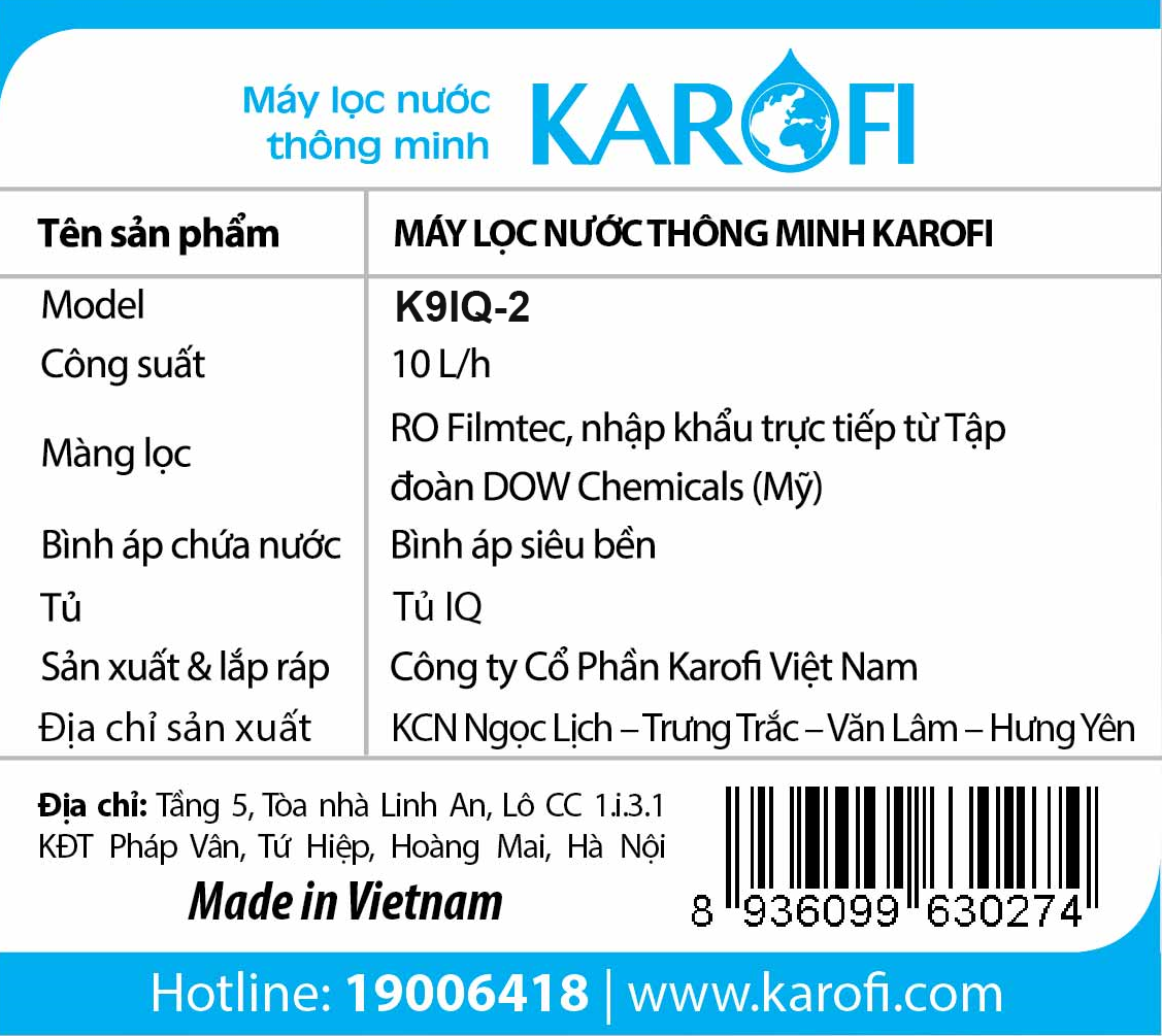 k9iq-2 Máy lọc nước Karofi thông minh iRO 2.0